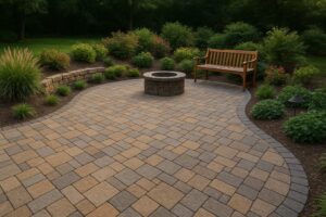 paver patio with a circular fire put and landscaping