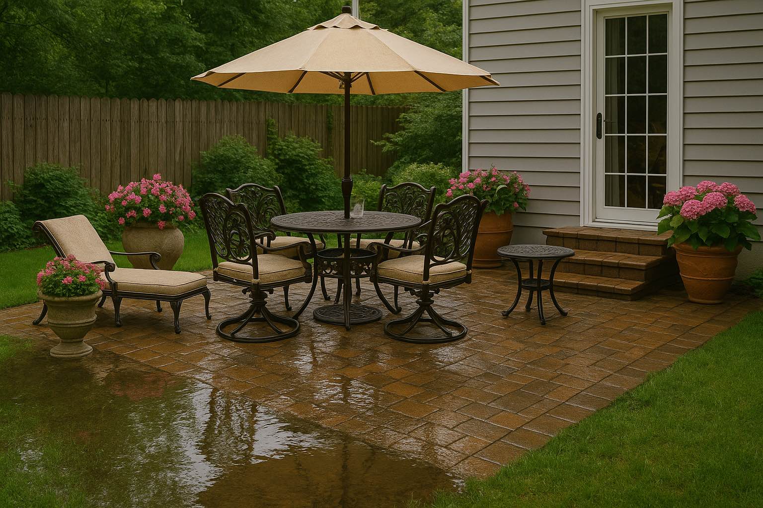 backyard patio with drainage issues